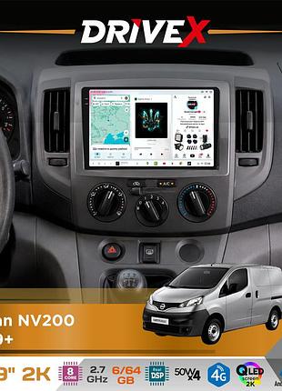 Штатна магнітола для nissan nv200 2009+ drivex s7 2k qled 9" android 8-ядерний 2.7ггц 6x64гб sim-картка 3g/4g ak7808 ab 4x50w dsp