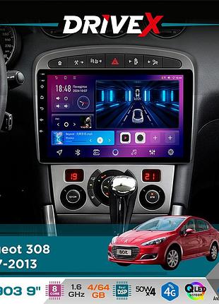 Штатная магнитола для peugeot 308 2007-2013 drivex se-903 qled 9" android 8-ядерный 4+64гб sim-карта 3g/4g dsp 4x50w(tda7851)