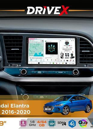 Штатная магнитола для hyundai elantra (ad) 2016-2020 drivex s4 qled 9" android 8-ядерный 1.6ггц 4x64гб sim-карта 3g/4g tda7851
