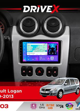 Штатна магнітола для renault logan 2009-2013 drivex a-903 qled 9" android 4-ядерний 2+32гб 4x50w(tda7851) бездротовий carplay та