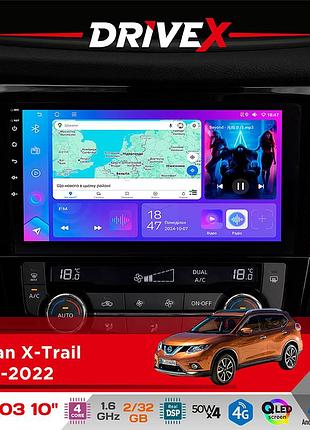 Штатна магнітола для nissan x-trail 2014-2022 drivex a-1003 qled 10" android 2+32гб 4-ядерний 4x50w(tda7851) бездротовий carplay