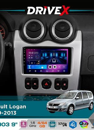 Штатна магнітола для renault logan 2009-2013 drivex se-903 qled 9" android 8-ядерний 4+64гб sim-картка 3g/4g dsp 4x50w(tda7851)