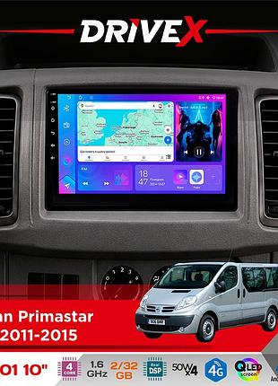 Штатная магнитола для nissan primastar (j4) 2011-2015 drivex a-1001 10" android 4-ядерный 2+32гб 4x45w беспроводной carplay и