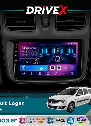 Штатна магнітола для renault logan 2013+ drivex se-903 qled 9" android 8-ядерний 4+64гб sim-картка 3g/4g dsp 4x50w(tda7851)