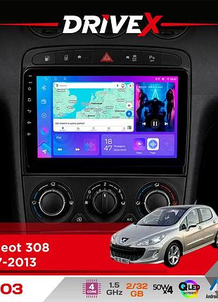 Штатна магнітола для peugeot 308 2007-2013 drivex a-903 qled 9" android 4-ядерний 2+32гб 4x50w(tda7851) бездротовий carplay та