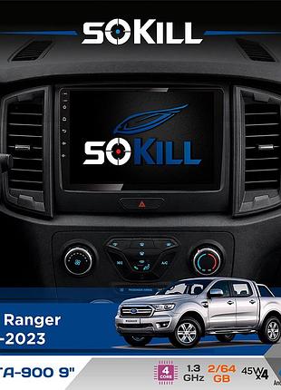 Штатна магнітола для ford ranger 2015-2023 sokill delta-900 9" android 4-ядерний 2+64гб 4x45w бездротовий carplay та androidauto
