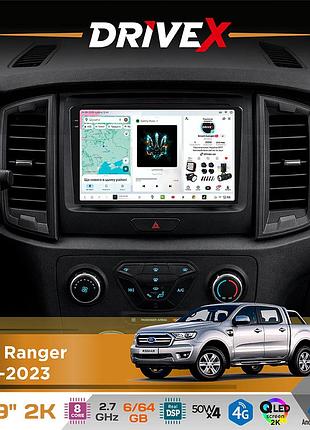 Штатна магнітола для ford ranger 2015-2023 drivex s7 2k qled 9" android 8-ядерний 2.7ггц 6x64гб sim-картка 3g/4g ak7808 ab 4x50w