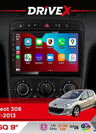 Штатная магнитола для peugeot 308 2007-2013 drivex un5 qled 9" android 4-ядерный 2+32гб 4x45w беспроводной carplay и androidauto