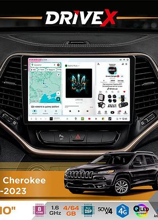 Штатна магнітола для jeep cherokee 2014-2023 drivex s4 qled 10" android 8-ядерний 1.6ггц 4x64гб sim-картка 3g/4g tda7851 4x50w dsp