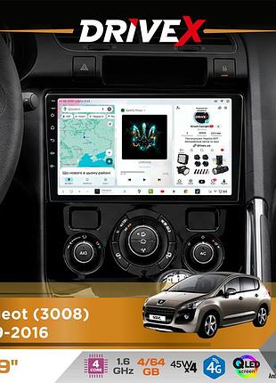 Штатна магнітола для peugeot 3008 2009-2016 drivex s3 qled 9" android 8-ядерний 1.6ггц 4x64гб sim-картка 3g/4g 7388 4x45w asp