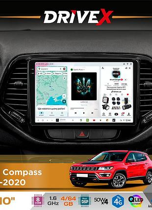 Штатна магнітола для jeep compass 2017-2020 drivex s4 qled 10" android 8-ядерний 1.6ггц 4x64гб sim-картка 3g/4g tda7851 4x50w dsp