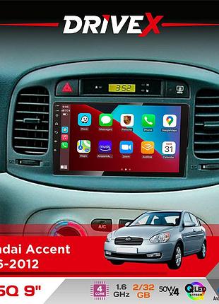 Штатная магнитола для hyundai accent 2006-2012 drivex un5 qled 9" android 4-ядерный 2+32гб 4x45w беспроводной carplay и androidauto