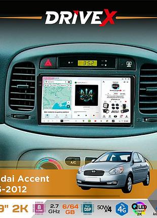 Штатна магнітола для hyundai accent 2006-2012 drivex s7 2k qled 9" android 8-ядерний 2.7ггц 6x64гб sim-картка 3g/4g ak7808 ab