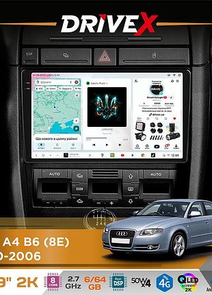Штатна магнітола для audi a4 b6 (8e) 2000-2006 drivex s7 2k qled 9" android 8-ядерний 2.7ггц 6x64гб sim-картка 3g/4g ak7808 ab