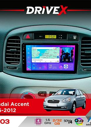 Штатна магнітола для hyundai accent 2006-2012 drivex a-903 qled 9" android 4-ядерний 2+32гб 4x50w(tda7851) бездротовий carplay та