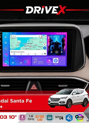 Штатна магнітола для hyundai santa fe 2018+ drivex a-1003 qled 10" android 2+32гб 4-ядерний 4x50w(tda7851) бездротовий carplay та