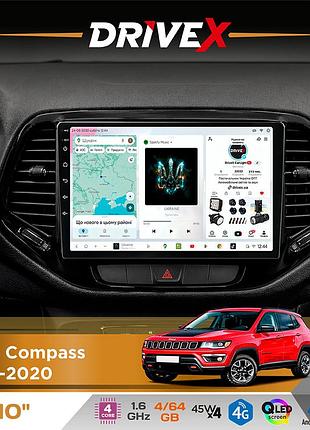 Штатна магнітола для jeep compass 2017-2020 drivex s3 qled 10" android 8-ядерний 1.6ггц 4x64гб sim-картка 3g/4g 7388 4x45w asp