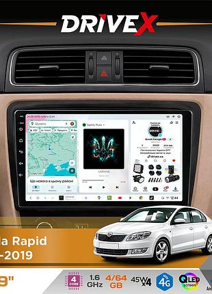 Штатна магнітола для skoda rapid 2012-2019 drivex s3 qled 9" android 8-ядерний 1.6ггц 4x64гб sim-картка 3g/4g 7388 4x45w asp