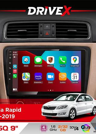 Штатна магнітола для skoda rapid 2012-2019 drivex un5 qled 9" android 4-ядерний 2+32гб 4x45w бездротовий carplay та androidauto