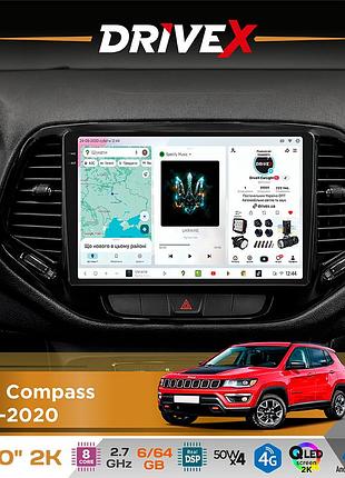Штатна магнітола для jeep compass 2017-2020 drivex s7 2k qled 10" android 8-ядерний 2.7ггц 6x64гб sim-картка 3g/4g ak7808 ab 4x50w