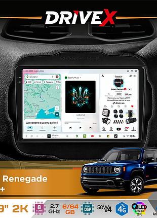 Штатная магнитола для jeep renegade 2014+ drivex s7 2k qled 9" android 8-ядерный 2.7ггц 6x64гб sim-карта 3g/4g ak7808 ab 4x50w dsp
