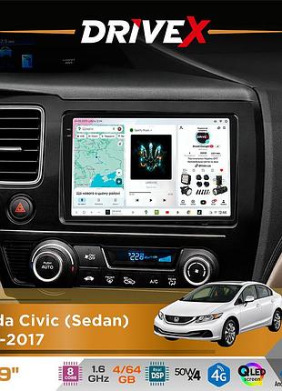 Штатна магнітола для honda civic (sedan) 2013-2017 drivex s4 qled 9" android 8-ядерний 1.6ггц 4x64гб sim-картка 3g/4g tda7851