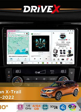 Штатна магнітола для nissan x-trail 2014-2022 drivex s4 qled 10" android 8-ядерний 1.6ггц 4x64гб sim-картка 3g/4g tda7851 4x50w