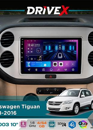 Штатна магнітола для volkswagen tiguan 2008-2016 drivex se-1003 qled 10" android 8-ядерний 4+64гб sim-картка 3g/4g dsp