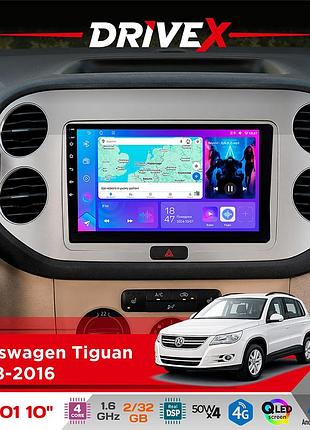 Штатна магнітола для volkswagen tiguan 2008-2016 drivex a-1001 10" android 4-ядерний 2+32гб 4x45w бездротовий carplay та