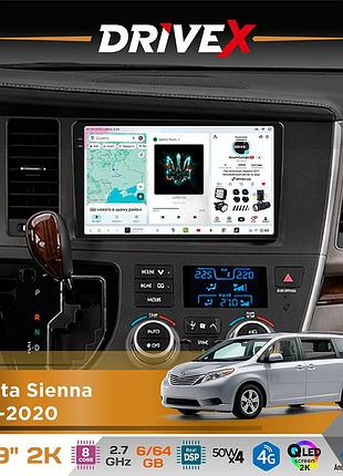 Штатна магнітола для toyota sienna 2015-2020 drivex s7 2k qled 9" android 8-ядерний 2.7ггц 6x64гб sim-картка 3g/4g ak7808 ab 4x50w