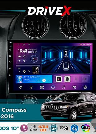 Штатна магнітола для jeep compass 2011-2016 drivex se-1003 qled 10" android 8-ядерний 4+64гб sim-картка 3g/4g dsp 4x50w(tda7851)