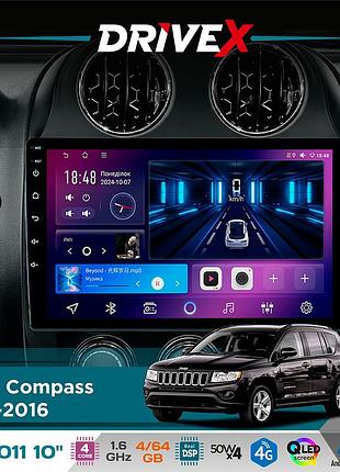 Штатна магнітола для jeep compass 2011-2016 drivex se-1011 qled 10" android 4-ядерний 4+64гб dsp 4x50w(tda7851) бездротовий