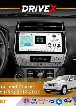 Штатна магнітола для toyota land cruiser prado (150) 2017-2020 drivex s3 qled 10" android 8-ядерний 1.6ггц 4x64гб sim-картка 3g/4g
