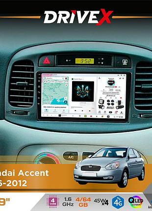 Штатна магнітола для hyundai accent 2006-2012 drivex s3 qled 9" android 8-ядерний 1.6ггц 4x64гб sim-картка 3g/4g 7388 4x45w asp