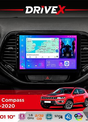 Штатна магнітола для jeep compass 2017-2020 drivex a-1001 10" android 4-ядерний 2+32гб 4x45w бездротовий carplay та androidauto