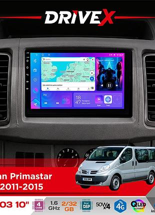 Штатна магнітола для nissan primastar (j4) 2011-2015 drivex a-1003 qled 10" android 2+32гб 4-ядерний 4x50w(tda7851) бездротовий