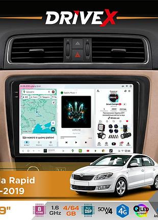 Штатна магнітола для skoda rapid 2012-2019 drivex s4 qled 9" android 8-ядерний 1.6ггц 4x64гб sim-картка 3g/4g tda7851 4x50w dsp