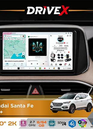 Штатна магнітола для hyundai santa fe 2018+ drivex s7 2k qled 10" android 8-ядерний 2.7ггц 6x64гб sim-картка 3g/4g ak7808 ab 4x50w