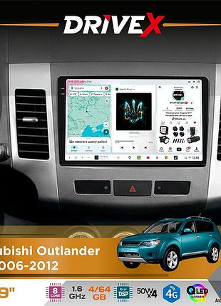 Штатная магнитола для mitsubishi outlander xl 2006-2012 drivex s4 qled 9" android 8-ядерный 1.6ггц 4x64гб sim-карта 3g/4g tda7851