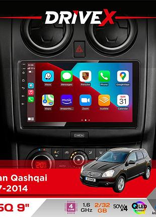 Штатная магнитола для nissan qashqai 2007-2014 drivex un5 qled 9" android 4-ядерный 2+32гб 4x45w беспроводной carplay и androidauto
