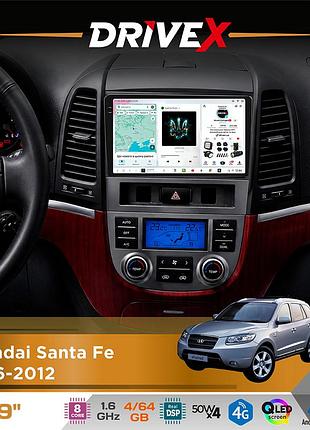 Штатная магнитола для hyundai santa fe 2006-2012 drivex s4 qled 9" android 8-ядерный 1.6ггц 4x64гб sim-карта 3g/4g tda7851 4x50w