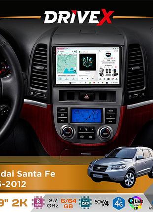 Штатная магнитола для hyundai santa fe 2006-2012 drivex s7 2k qled 9" android 8-ядерный 2.7ггц 6x64гб sim-карта 3g/4g ak7808 ab