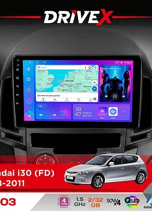 Штатная магнитола для hyundai i30 (fd) 2008-2011 drivex a-903 qled 9" android 4-ядерный 2+32гб 4x50w(tda7851) беспроводной carplay