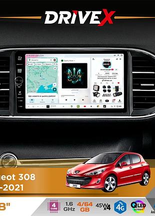 Штатная магнитола для peugeot 308 2013-2021 drivex s3 qled 8" с физическими кнопками android 8-ядерный 1.6гц 4x64гб sim-карта 3g/4g
