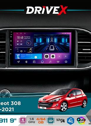 Штатная магнитола для peugeot 308 2013-2021 drivex se-911 4+64гб qled 9" android 4-ядерный 4x50w(tda7851) dsp беспроводной carplay