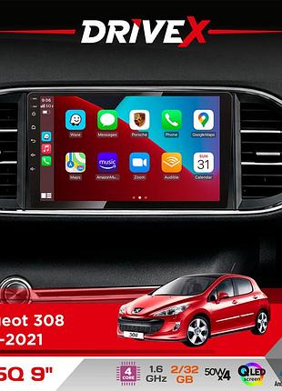 Штатная магнитола для peugeot 308 2013-2021 drivex un5 qled 9" android 4-ядерный 2+32гб 4x45w беспроводной carplay и androidauto
