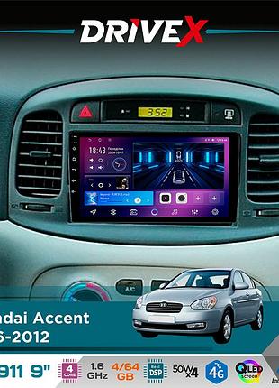 Штатная магнитола для hyundai accent 2006-2012 drivex se-911 4+64гб qled 9" android 4-ядерный 4x50w(tda7851) dsp беспроводной
