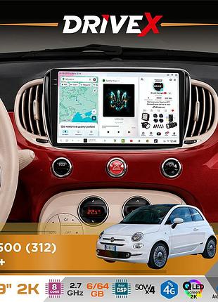 Штатная магнитола для fiat 500 (312) 2015+ drivex s7 2k qled 9" android 8-ядерный 2.7ггц 6x64гб sim-карта 3g/4g ak7808 ab 4x50w