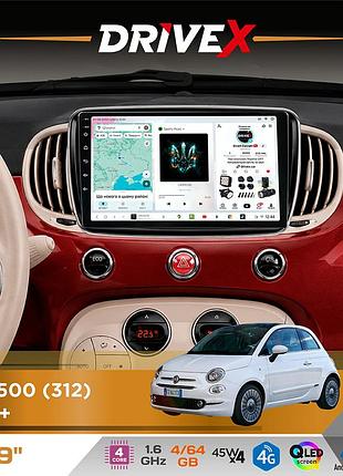 Штатна магнітола для fiat 500 (312) 2015+ drivex s3 qled 9" android 8-ядерний 1.6ггц 4x64гб sim-картка 3g/4g 7388 4x45w asp tm2313