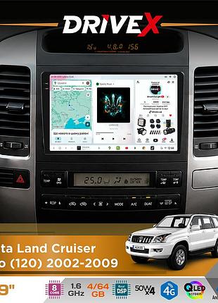 Штатная магнитола для toyota land cruiser prado (120) 2002-2009 drivex s4 qled 9" android 8-ядерный 1.6ггц 4x64гб sim-карта 3g/4g